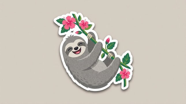 Illustrated sticker of a smiling grey sloth hanging from a green vine with blooming pink hibiscus flowers and green leaves, die-cut style with white border on a neutral background.