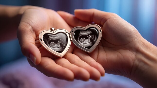 Two hands hold open heart shaped locket with baby ultrasound image. Parents share joyful news about upcoming birth. Pregnancy announcement concept shows love, future life. Emotional close up view