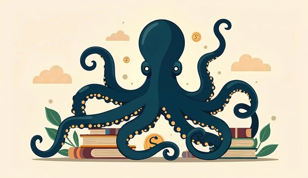 Octopus surrounding books and coins concept for multitasking study and finance