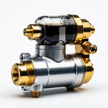 Metal hydraulic master cylinder with gold brass fittings, clear fluid reservoir. Shiny chrome automotive part isolated on white background. Technical mechanical component used for vehicle brake