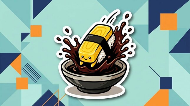 Kawaii Tamago Sushi Sticker Illustration Splashing into a Bowl of Soy Sauce with Liquid Droplets, Set Against a Modern Teal and Orange Geometric Pattern Background Graphic.
