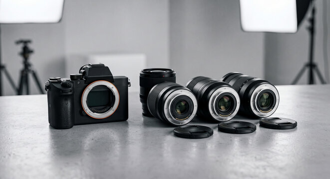 Professional mirrorless camera and lenses. Photography gear set for studio production work.