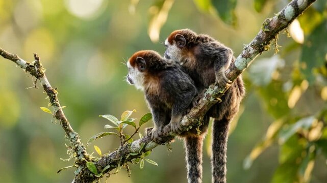 two geoffroys tamarin close up in darien national park panama morning light video