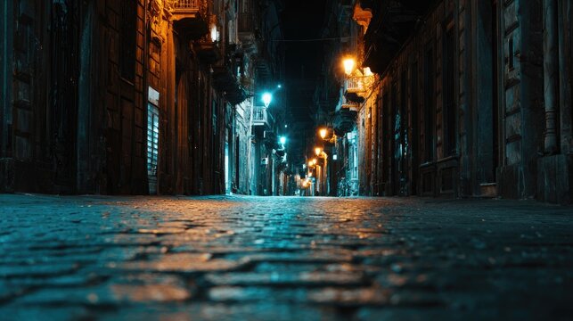 Night alleyway, cobblestone path, city street