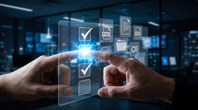 Business person touching a digital interface with checklist and document icons in a modern office environment