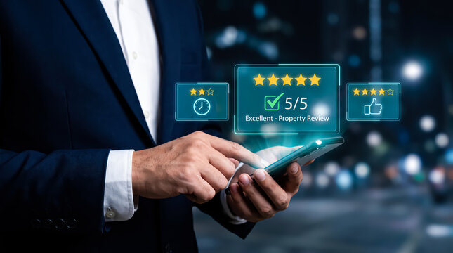 Businessman using smartphone to give a 55 star rating for an excellent property review with digital holographic interface