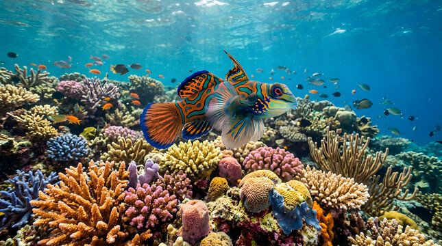 Colorful mandarinfish swimming above a vibrant coral reef in clear blue ocean water