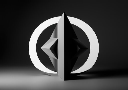 Abstract geometric design featuring unbalanced composition and negative space. High contrast monochrome image emphasizing asymmetry and void, contemporary, irregular, framing