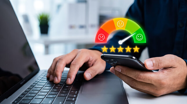 Customer satisfaction survey concept, person using smartphone to give a fivestar rating with a feedback gauge on screen