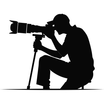 Professional photographer silhouette with telephoto lens, kneeling cameraman with camera on monopod, paparazzi and press media vector icon