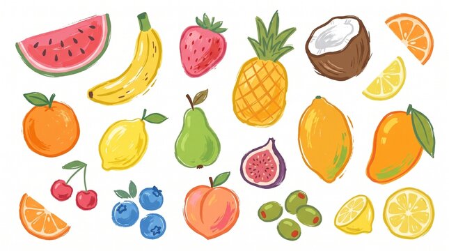 Colorful hand drawn artistic fruit collection isolated on white background.