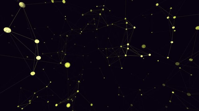Cinematic 4K seamless loop of a glowing white neural network of dual sphere nodes firing and connecting in a seamless plexus with cinematic depth. Ideal for technology background, digital background.