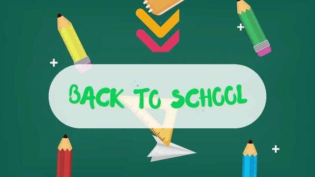 Back to School Animated Background featuring Classroom Stationery, Chalkboard Texture, and Creative Educational Icons for Promotion