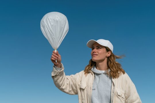 Woman holds a white balloon against a blue sky during a clear day in an outdoor setting. International Day for the Preservation of the Ozone Layer