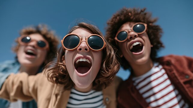 Group of friends enjoying time outdoors in sunny weather while wearing sunglasses and laughing loudly. International Day for the Preservation of the Ozone Layer