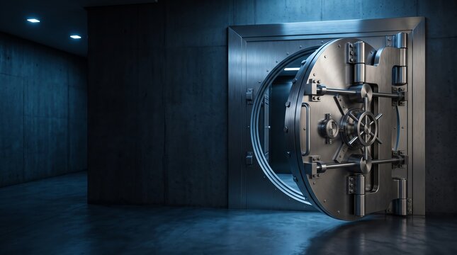 bank vault door open in dark concrete basement financial security concept photo