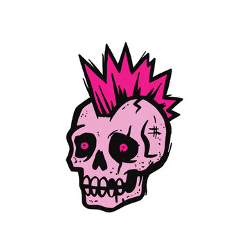 Punk skull with pink mohawk hair hand drawn textured illustration
