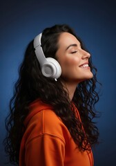 Fototapeta premium Happy Young Woman with Curly Hair Wearing White Headphones Listening to Music Isolated on Blue Background
