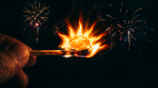 Close up of lit matchstick burning with fire and fireworks in background
