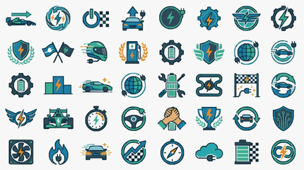 Fototapeta premium Elegant Collection of Modern Electric Vehicle and Energy Efficiency Icons in Blue Green and Teal Color Palette