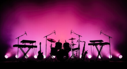 Obraz premium Silhouette of Musical Instruments on Stage with Pink Lighting and Smoke for Concert Background