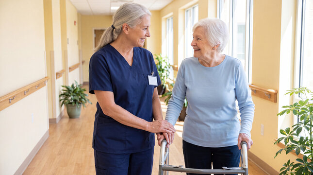 Healthcare professional assists elderly woman with walker in a bright corridor, plants and natural light enhancing the welcoming environment