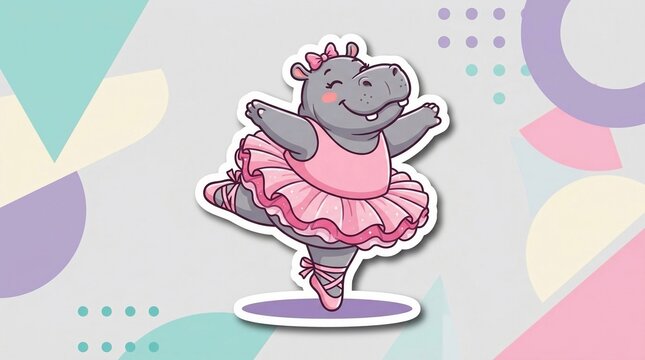 Vector illustration of a cute grey hippopotamus wearing a pink ballet tutu, leotard, and pointe shoes while dancing a pirouette on a pastel geometric patterned background.