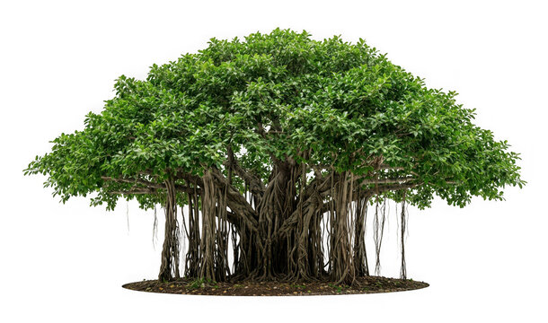 Large majestic banyan tree with aerial roots isolated on transparent background