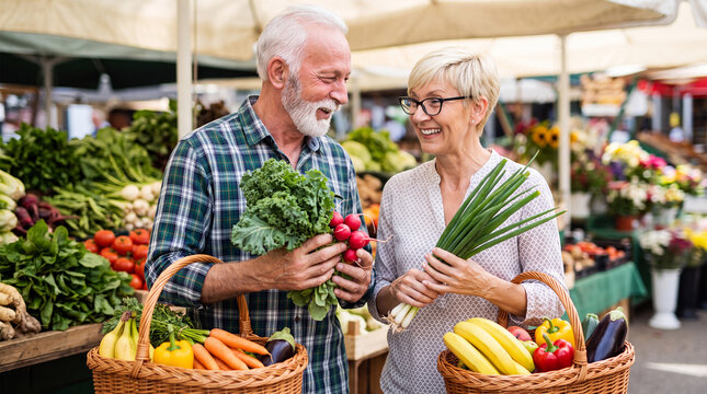 Senior couple shopping for fresh vegetables at an outdoor market, holding baskets filled with produce surrounded by colorful stalls
