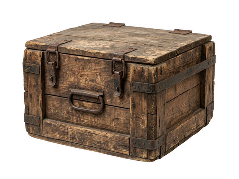 Old wooden storage chest with metal hardware. Vintage rustic trunk isolated on white.