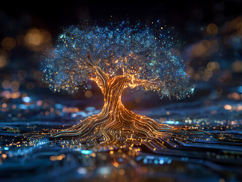 Digital tree glowing with golden roots on circuit board background representing connectivity.