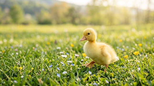 Little yellow duckling exploring green spring meadow with wildflowers for Easter holiday marketing
