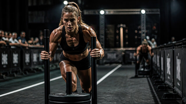 Athletic woman performing sled push exercise at competitive Fitness event with audience spectating the intense fitness competition