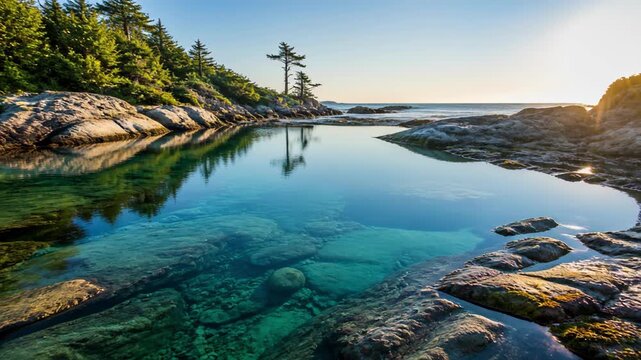 Clear coastal tide pool with rocks and evergreen trees at sunset