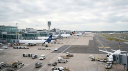 Fototapeta premium blurred airport tarmac airplanes terminal building control tower aviation travel transportation background bokeh out of focus runway flight