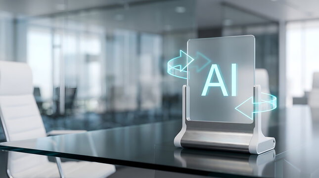 Artificial Intelligence Automation Concept With Glowing AI Holographic Interface On Modern Office Desk