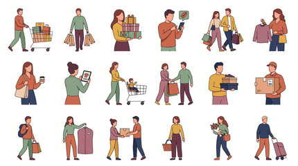 Fototapeta premium Diverse people shopping vector collection showcasing buyers carrying bags, online mobile orders and courier package delivery, representing retail commerce and consumer lifestyle