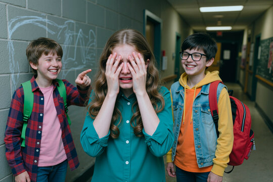 Teenage girl covering face and crying while classmates pointing and laughing in school hallway, showing bullying and emotional distress. Useful for anti bullying campaigns and education