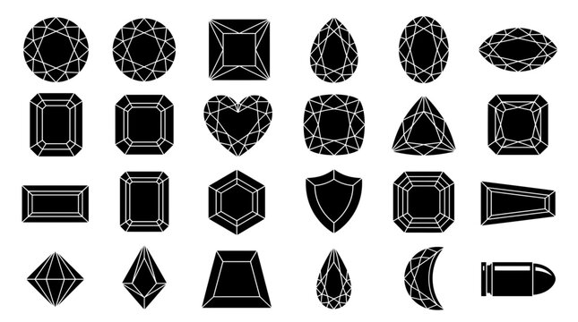 Diamond cut vector icons and gemstone shapes showcasing various jewel cuts, geometric crystal forms and black gem facets, representing luxury jewelry design and gemology craft