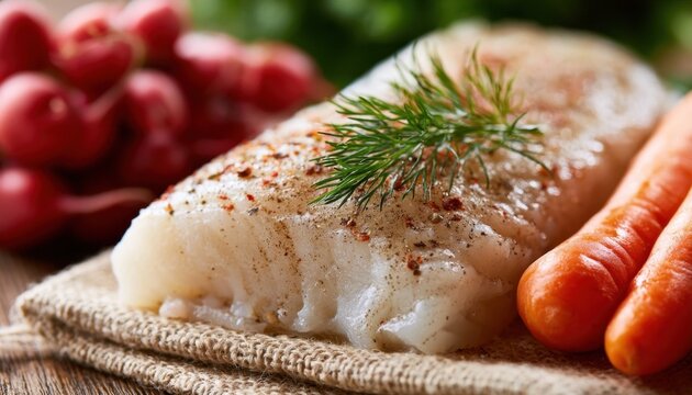 White fish fillet seasoned with herbs and spices alongside fresh vegetables