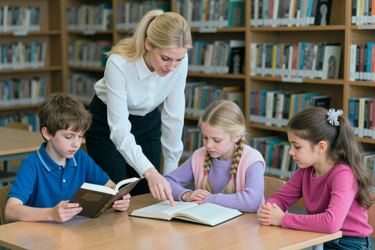 Caucasian female teacher guiding schoolchildren reading books at library table, supporting literacy learning and group study. Ideal for education, tutoring, school promotion campaigns