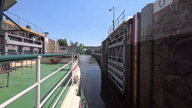 Prague Lock Chamber Water Level Adjustment Boat Sailing Vltava River POV