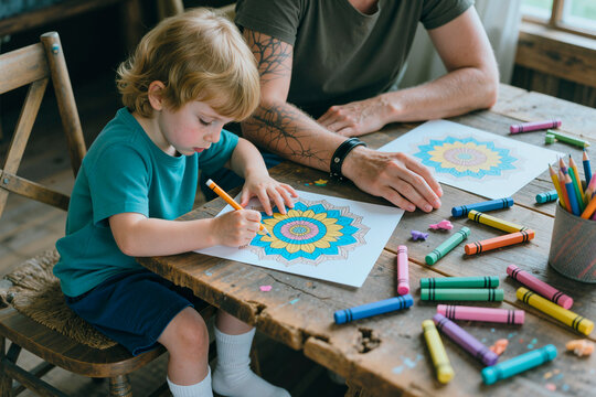 Caucasian child coloring mandala worksheet with crayons while adult man guiding creative learning at table. Useful for parenting, homeschooling, early education, child development