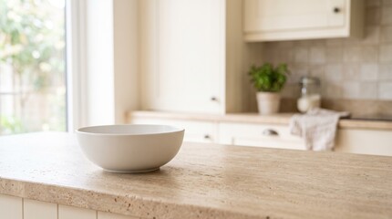 Fototapeta premium Empty white ceramic bowl on beige stone kitchen counter, minimalist interior design concept with natural light and blurred background for food presentation or mockup use
