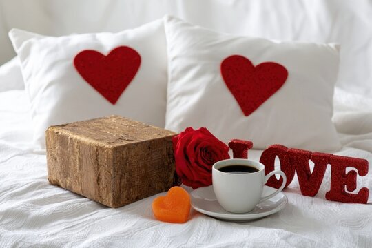 White pillows with red hearts, wooden box, rose, coffee cup, and love letters on a bed