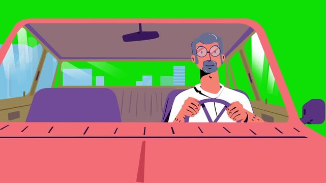 Cartoon Older Man Driving Car Alone on Green Screen Animation