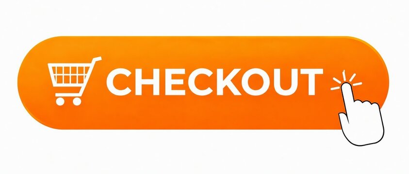 Orange checkout button with shopping cart icon and finger tap