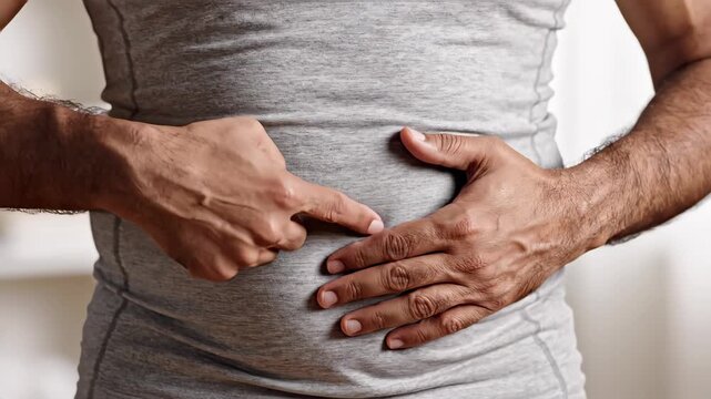Adult hands illustrating concealed visceral fat on abdomen for health education video, wellness concept clip, visceral fat awareness, and metabolic health risk content footage