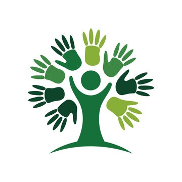 Abstract tree made of human handprints icon with handprint community diversity
