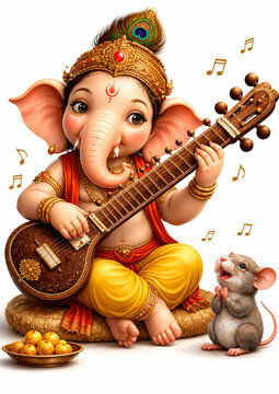 Lord Ganesha Playing Sitar Music Instrument